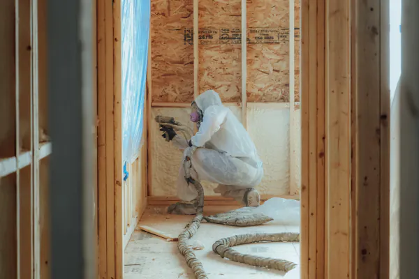 Patriot installer applying spray foam in a new-construction wall